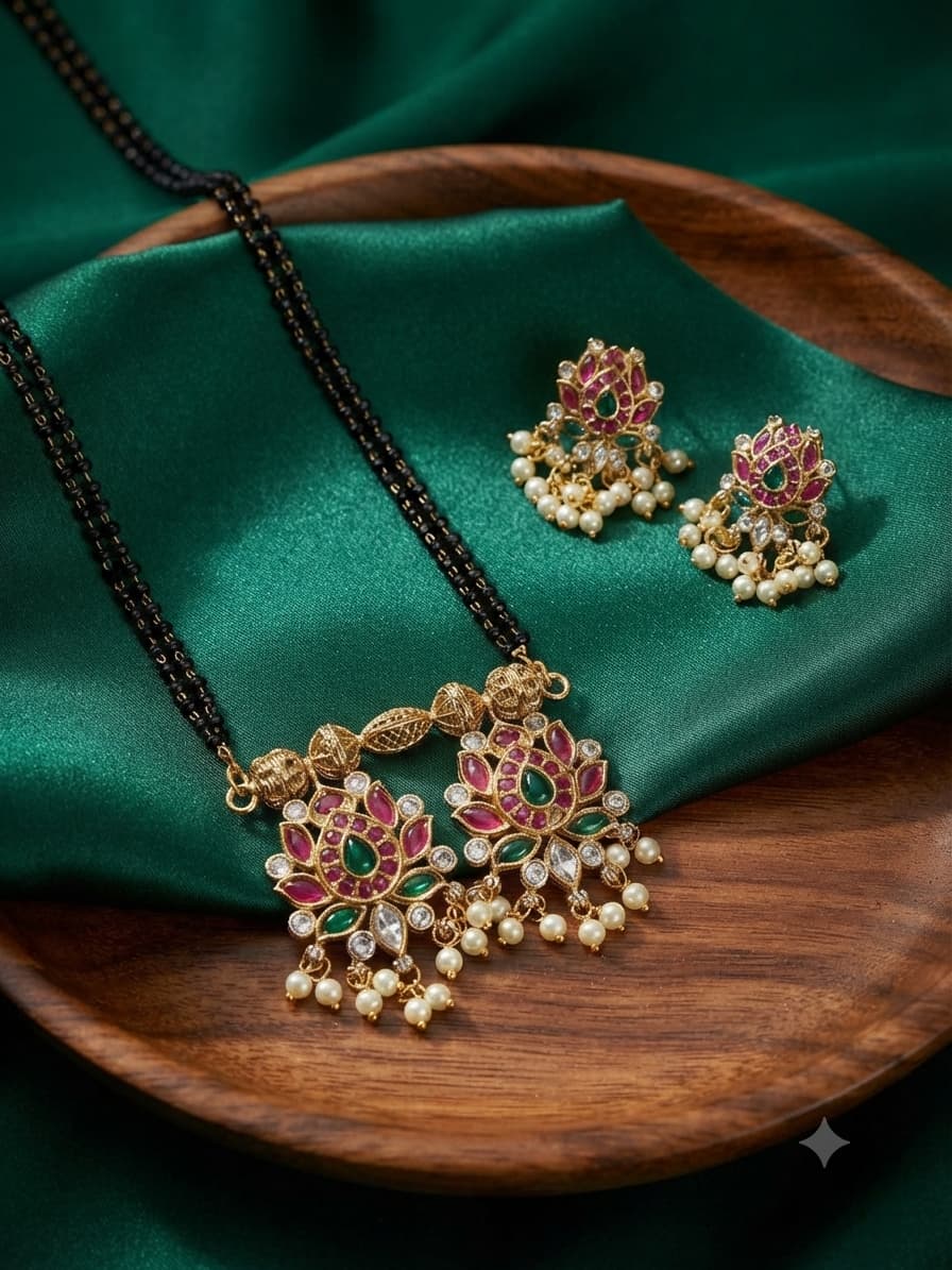 Heritage Mangal Sutra in Kemp stone with earrings