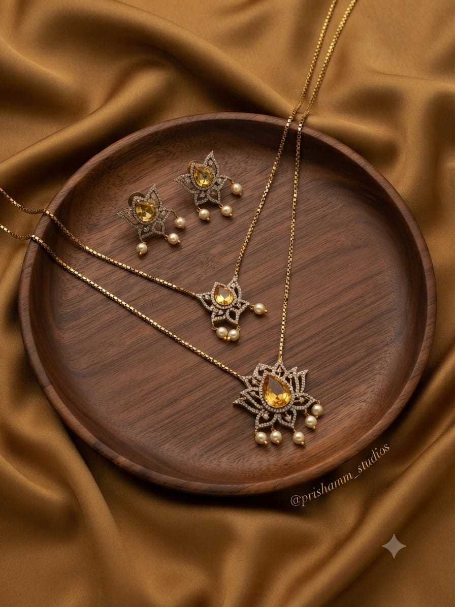 American dimond Lotus pendant Double layered  floral necklace with earrings
