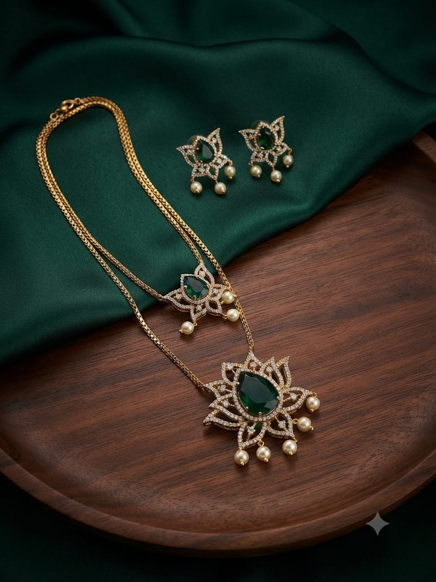 American dimond Lotus pendant Double layered  floral necklace with earrings